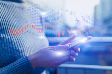Professional woman with smartphone in hands, business analytics and world data visualization backdrop.
