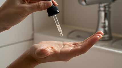 Graceful hands receive precious drops of serum from a dropper, offering a moment of luxurious self-care and rejuvenation.