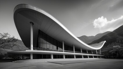 A sweeping, modern architectural structure with a curved roofline is captured in a dramatic black and white photograph, set against a backdrop of mountains and sparse trees