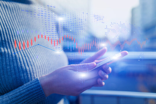 Professional woman with smartphone in hands, business analytics and world data visualization backdrop.