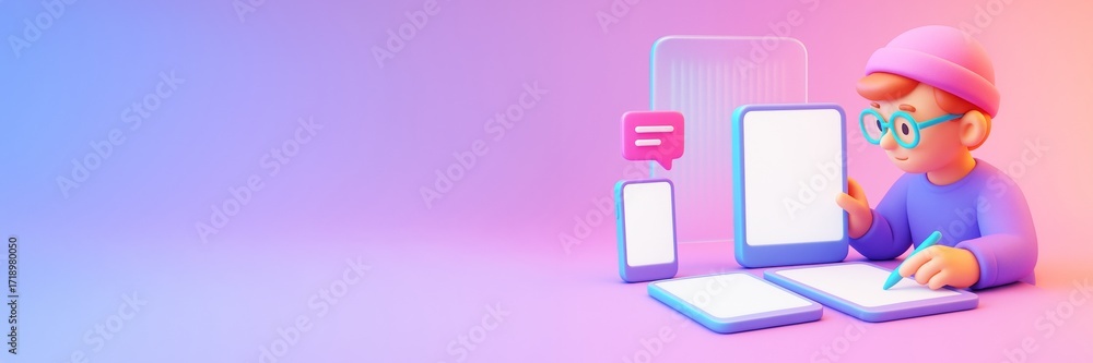 Aufkleber cartoon character using stylus on digital tablet with multiple blank device screens over colorful gr