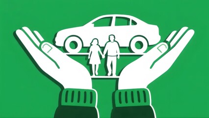 車と家族を保護する緑色の背景に白い手