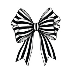 A handdrawn black and white illustration of a decorative ribbon bow with bold vertical stripes.