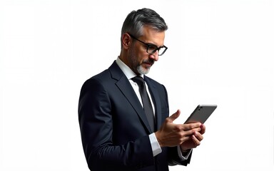 European Hispanic successful mature adult professional business man in formal suit working on device. Indian senior businessman ceo holding digital tablet using application isolated, white background