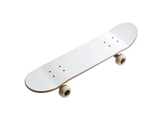 A clean, white skateboard with beige wheels and trucks, viewed from a slightly elevated angle, showcases its simple design