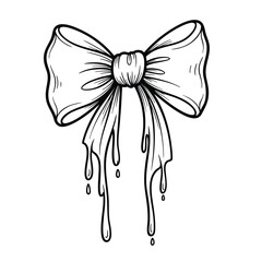 A handdrawn black and white line art illustration of a ribbon bow with melting dripping tails.