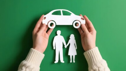 Hands Holding Car and Family Cutouts on Green