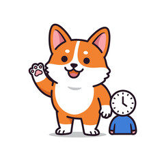 Obraz premium Smiling Corgi Dog Cartoon with Clock