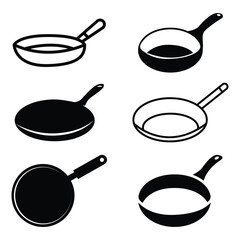 Collection of frying pan icons, pan silhouettes, different teflon symbols