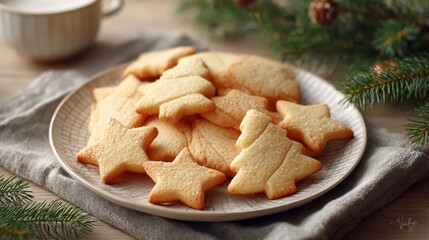 Christmas cookies on a decorative plate with tea and pine branches on table. buttery shortbread cookies shaped like stars and trees on a vintage plate, warm cozy holiday Christmas