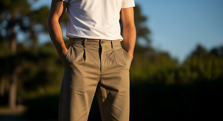 A man in a white t-shirt and pleated khaki trousers stands casually with hands in pockets outdoors.