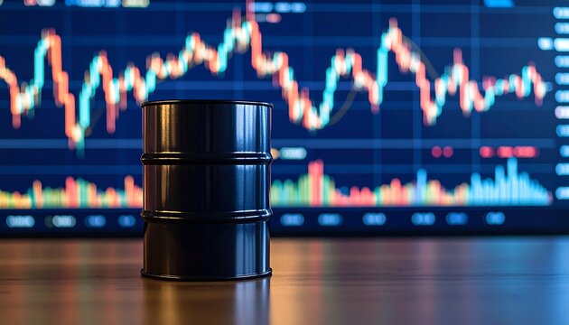 Oil barrel on a desk in front of stock market graphs