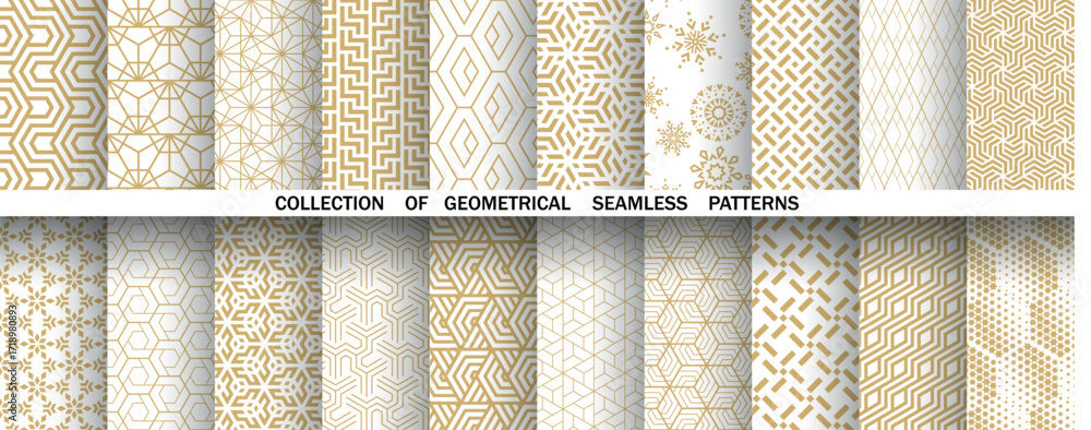 Poster geometric set of seamless golden and white patterns. simple vector graphics