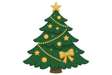 Fototapeta premium Christmas tree illustration with festive golden decorations, stars, bow, and garland, celebrating holiday season