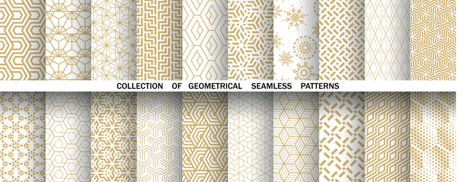 Geometric set of seamless golden and white patterns. Simple vector graphics