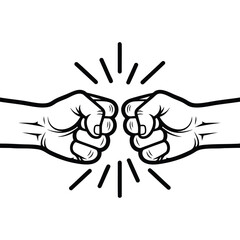 Black and white line art illustration of two hands making a fist bump gesture of friendship and agreement.