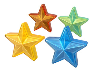 Obraz premium Four vibrant 3D star icons in blue yellow green and orange hues isolated on transparent background