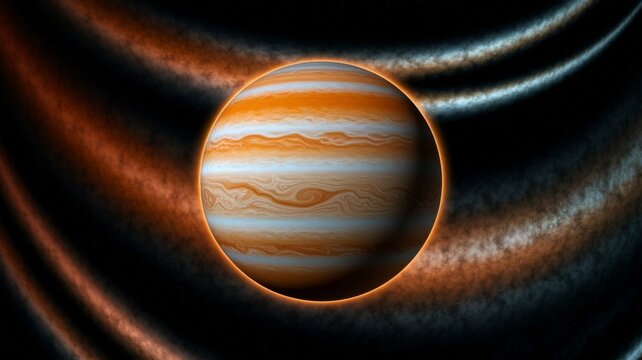 Surreal orange planet with cosmic rings in outer space