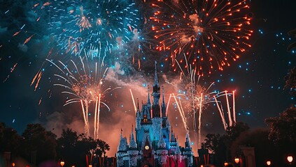A fairytale castle is dramatically illuminated by a vibrant fireworks display exploding in the night sky, creating a magical and festive atmosphere