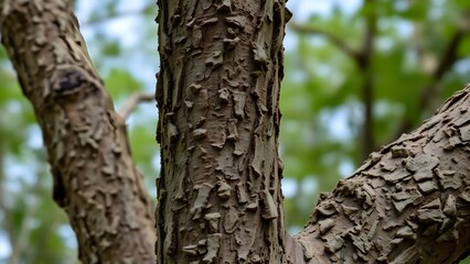 Fototapeta premium Gray peeling bark texture rugged cracked natural tree trunk surface pattern