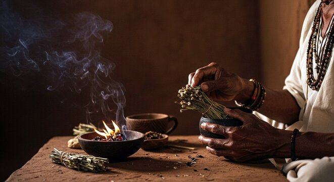 An indigenous person prepares incense from aromatic herbs in a dimly lit room, showcasing a traditional spiritual ritual with cultural significance