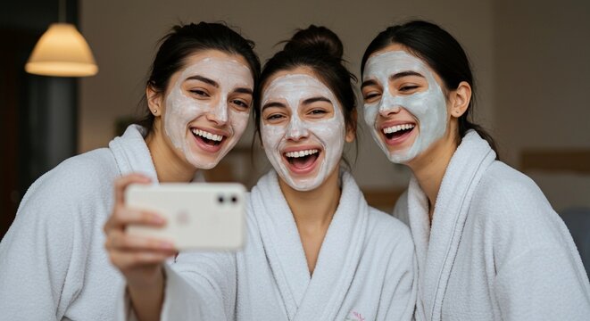 Three women taking selfie with face masks in cozy indoor setting , wellness with friends