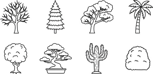 Fototapeta premium Set of eight tree outlines, including deciduous, evergreen, palm, bonsai, and cactus