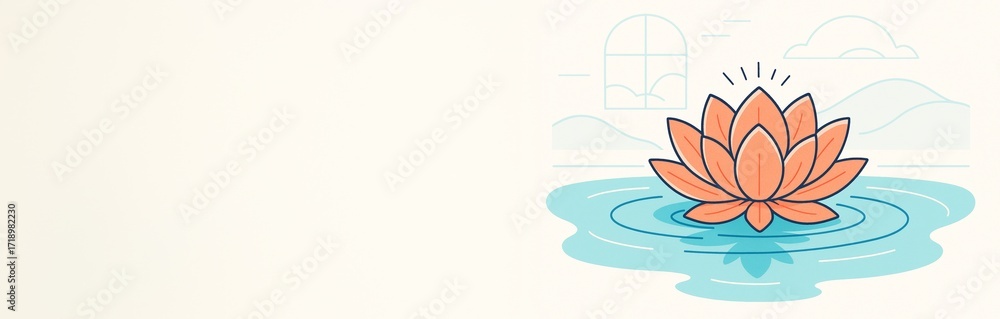 Poster minimalistic banner with orange lotus flower in water and soft background elements for wellness or m