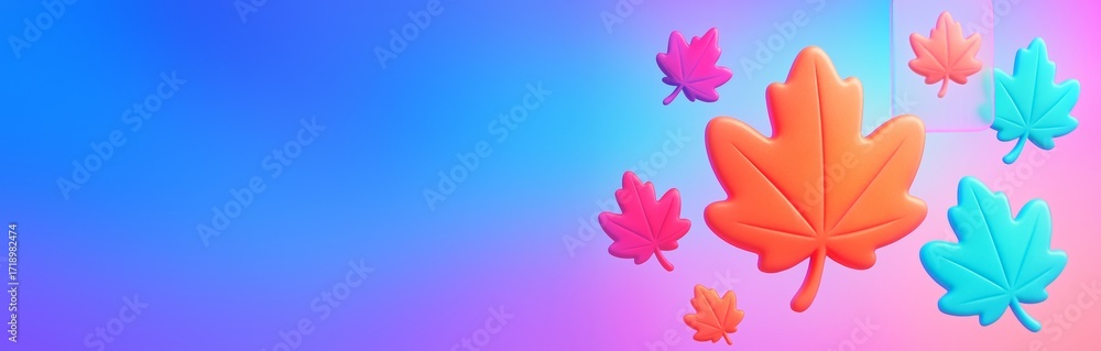 Poster colorful autumn leaves on vibrant gradient background with empty copyspace for seasonal design or po