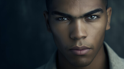 Young African American Man Half-Body Portrait, Strong Determined Expression Post Hardship, Dramatic Clean Studio Lighting, Neutral Dark Backdrop, DSLR 70mm Lens, f/2.8 Aperture, ISO 250, Cinematic Por