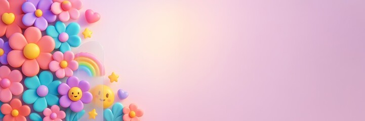 Colorful cartoon flowers, hearts, stars, and rainbow with smiling faces on pastel pink background with copy space for design or banner template. Ai generative