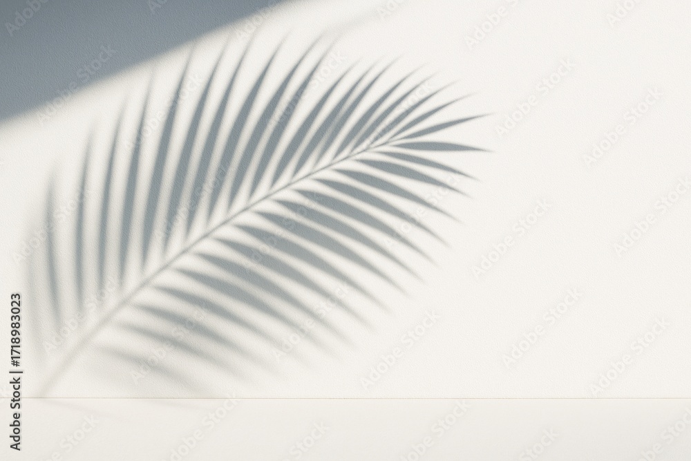 Poster palm leaf shadow on white wall with minimal clean background and empty copy space for design or post