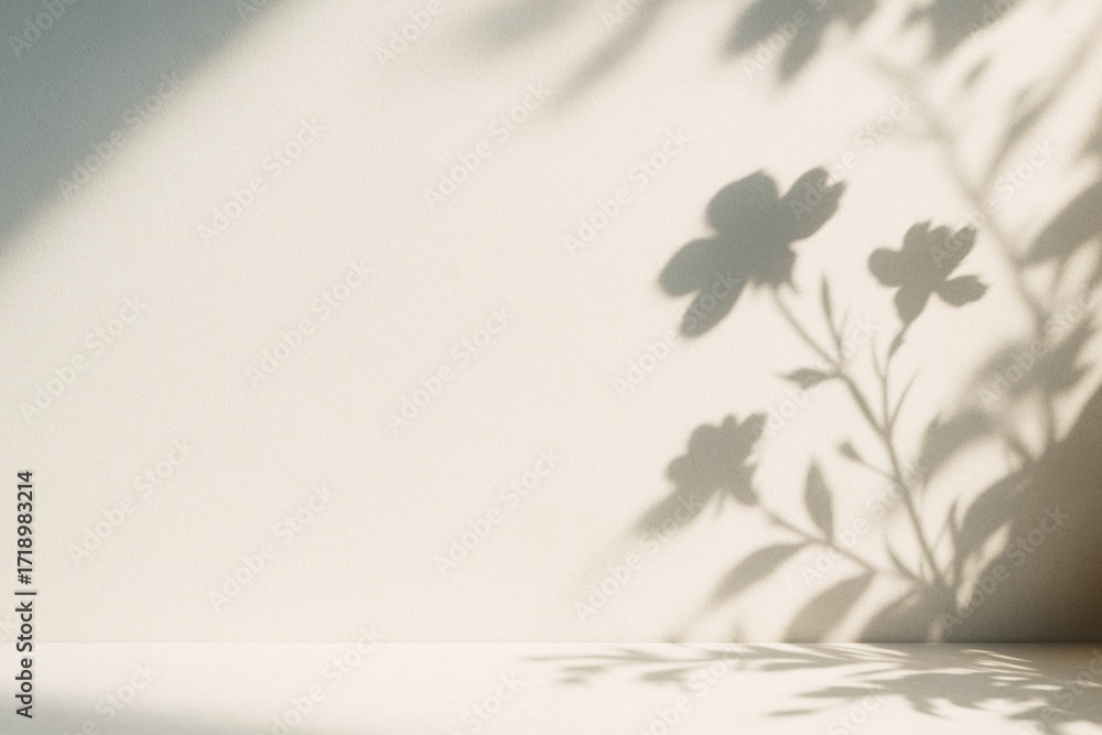 Poster soft shadow of floral silhouette on beige wall background with natural sunlight creating an abstract