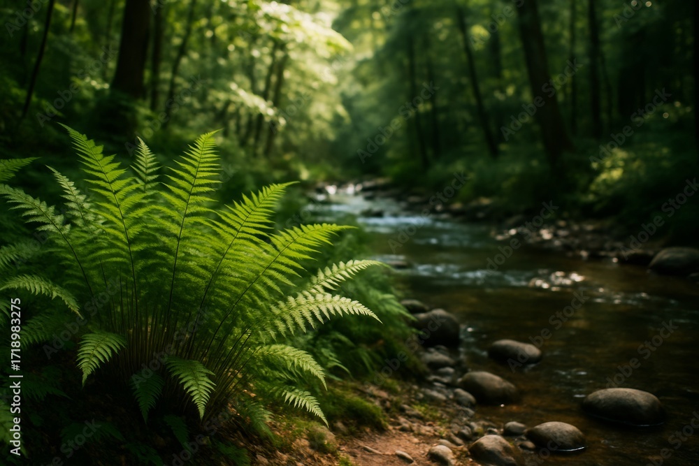 Aufkleber lush green fern beside tranquil forest stream with soft sunlight filtering through dense trees in pe