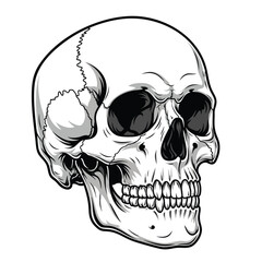 Monochrome vector illustration of a human skull with detailed line art and shading.