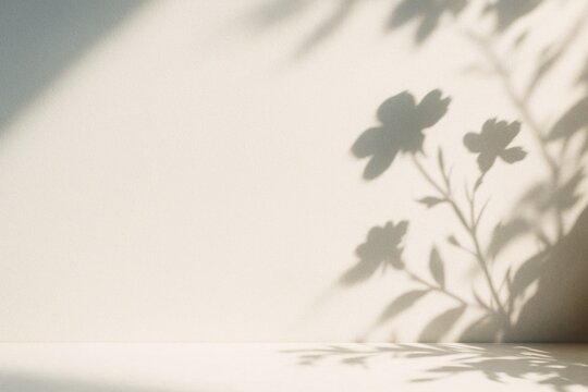 Soft shadow of floral silhouette on beige wall background with natural sunlight creating an abstract and minimalistic aesthetic concept. Ai generative. Ai generative