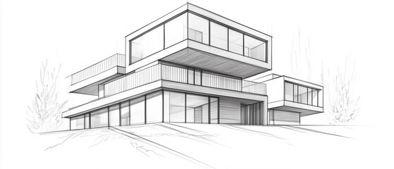 Fototapeta premium Grayscale architectural pencil sketch of a modern three-level house