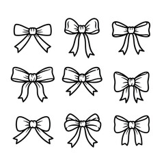 Set of nine handdrawn ribbon bows in a black and white line art doodle style.