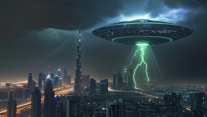 A futuristic city skyline is illuminated by a lightning bolt emanating from a hovering UFO during a dramatic nighttime thunderstorm