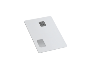 A plain white rectangular credit card with a subtle bevel, featuring an embossed chip and magnetic stripe