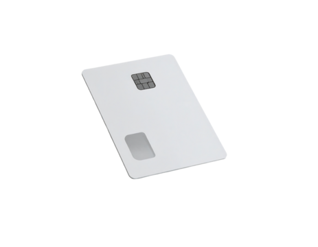A plain white rectangular credit card with a subtle bevel, featuring an embossed chip and magnetic stripe