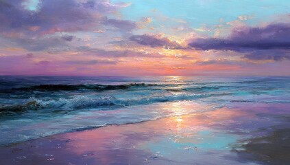 Sunset over a beach, vibrant colors