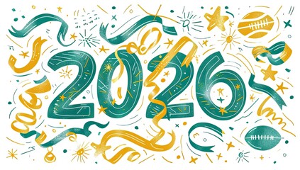 Festive illustration of the year 2026, adorned with teal and gold ribbons, stars, and celebratory elements