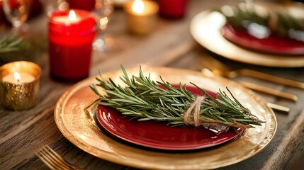 festive table decorated with red candles, golden and red plates and fresh greenery