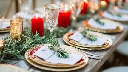 festive table decorated with red candles, golden plates, crystal glasses, and fresh greenery
