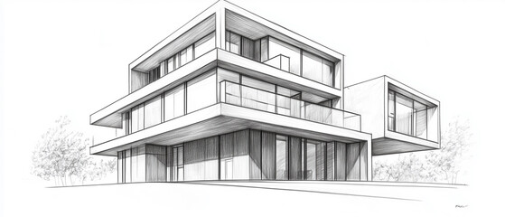 Hyper-detailed pencil sketch in grayscale of a contemporary three-story house