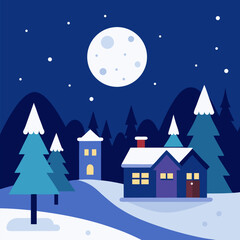 Fototapeta premium Winter night landscape snowy village vector landscape background.