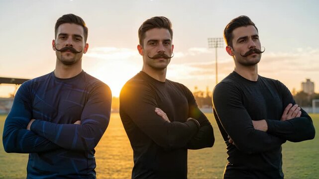 Three identical men with large mustaches posing confidently on a sports field. Athletic team standing together at sunset. Masculinity and strength concept.