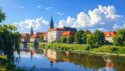 Riverside Cityscape Under a Sky of Clouds
