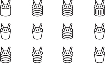 Pencil holder vector icons for office stationery, desk supplies, and organization design